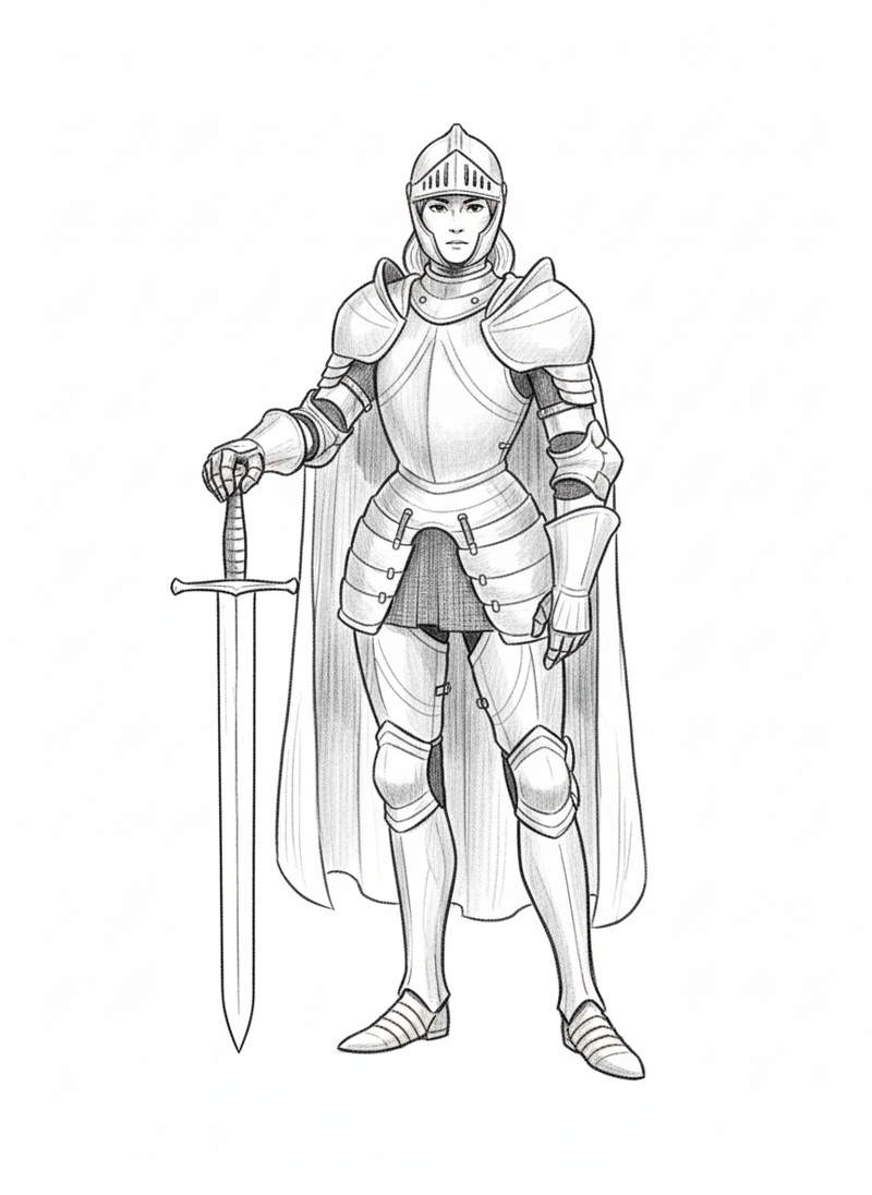 Lady Steel the Female Knight in Gentle Pencil - Black & White Illustration