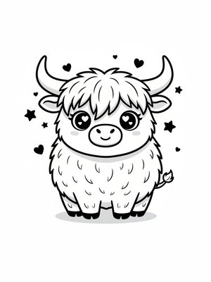 Angus the Highland Bull in Kawaii Cute - Black & White Illustration