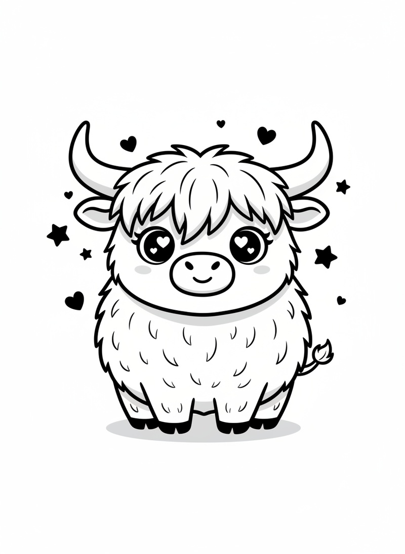 Angus the Highland Bull in Kawaii Cute - Black & White Illustration