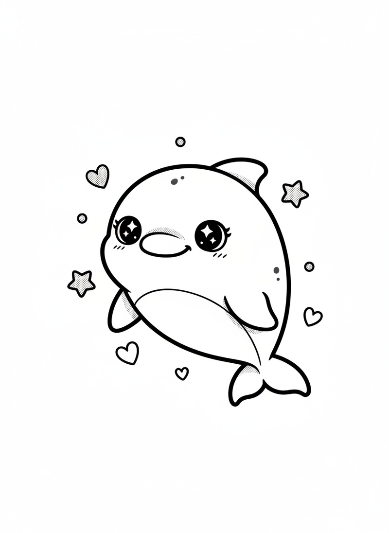 Finn the Friendly Dolphin in Kawaii Cute - Black & White Illustration