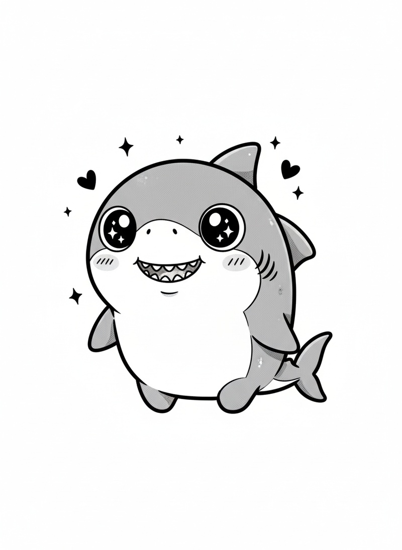 Jaws the Misunderstood Shark in Kawaii Cute - Black & White Illustration