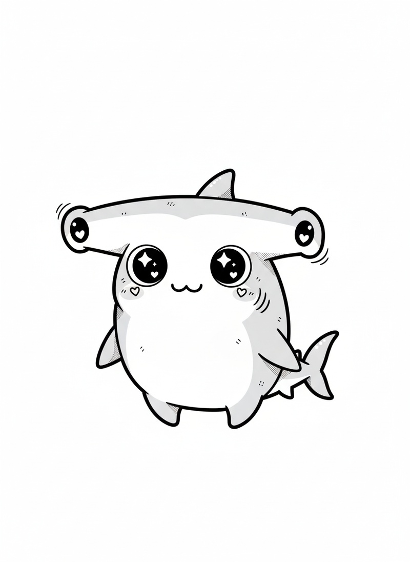 Chomper the Fierce Hammerhead in Kawaii Cute - Black & White Illustration
