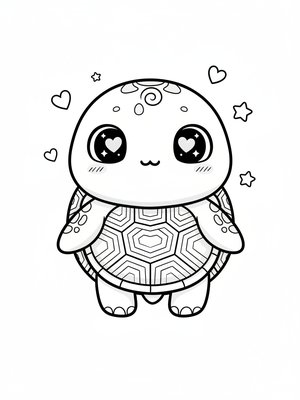Shelly the Sea Turtle in Kawaii Cute - Black & White Illustration