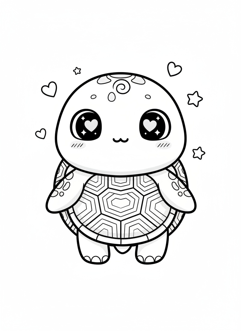 Shelly the Sea Turtle in Kawaii Cute - Black & White Illustration