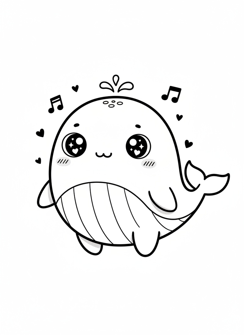 Bubbles the Humpback Whale in Kawaii Cute - Black & White Illustration