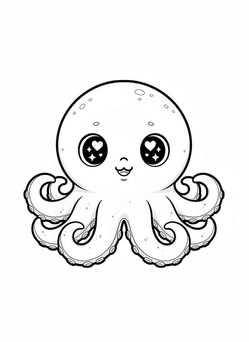 Inky the Clever Octopus in Kawaii Cute - Black & White Illustration