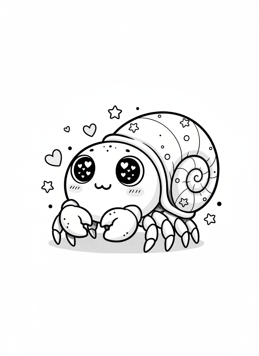 Pinchy the Hermit Crab - Black & White Illustration