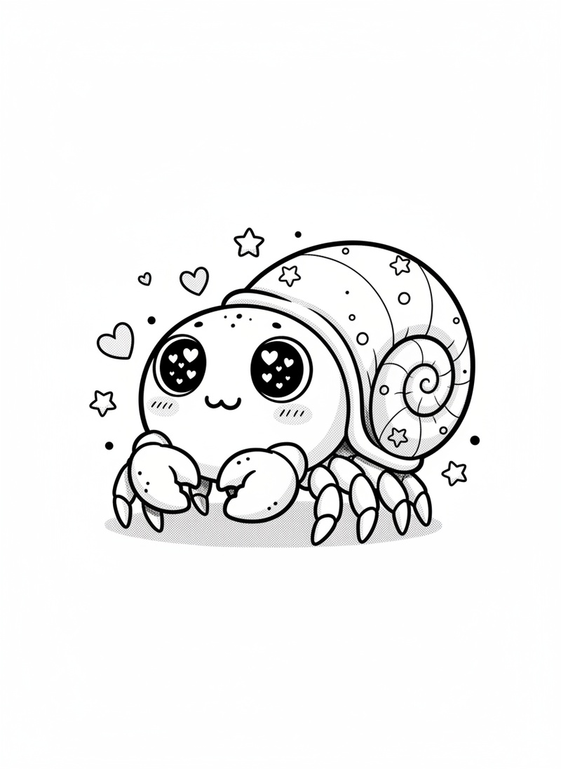 Pinchy the Hermit Crab in Kawaii Cute - Black & White Illustration