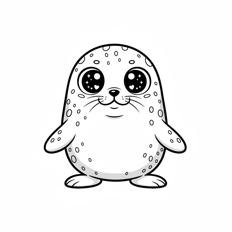 Giggles the Playful Seal in Kawaii Cute - Black & White Illustration