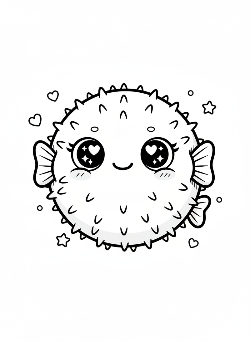 Spike the Pufferfish in Kawaii Cute - Black & White Illustration