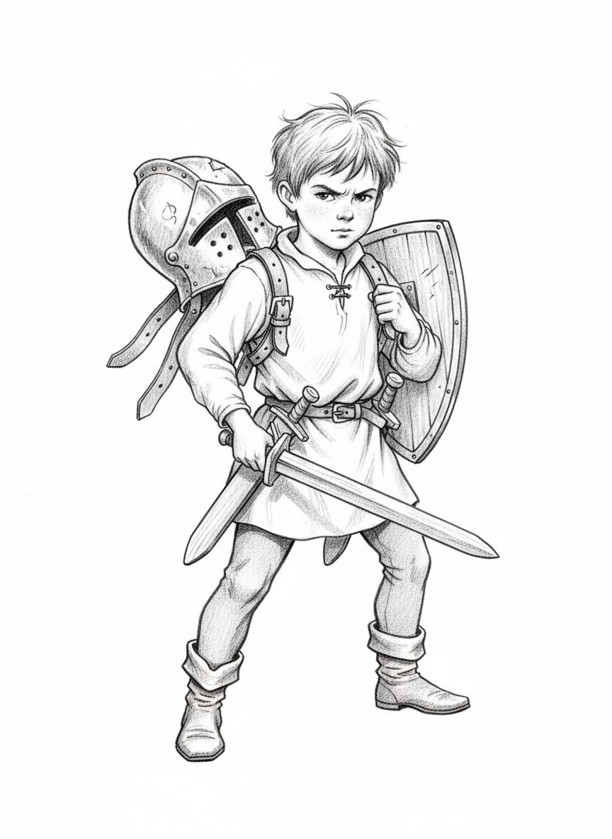 Squire Tom the Knight Trainee - Black & White Illustration