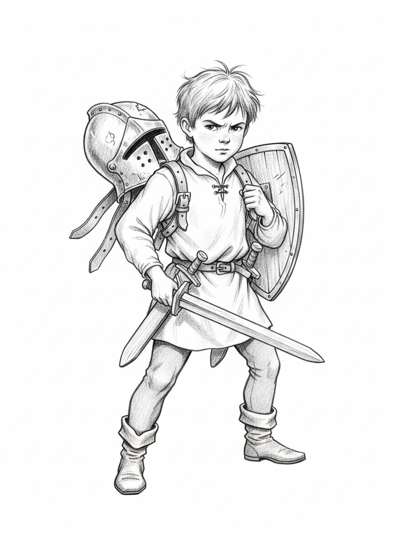 Squire Tom the Knight Trainee in Gentle Pencil - Black & White Illustration