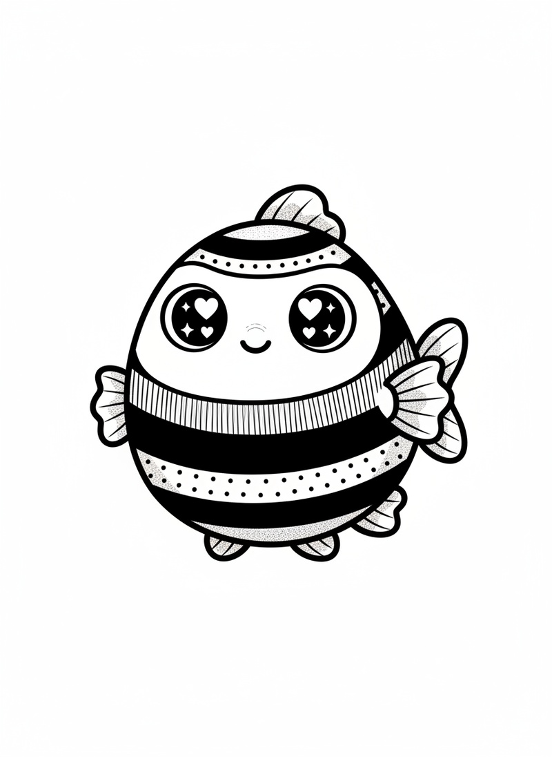 Shimmer the Tropical Fish in Kawaii Cute - Black & White Illustration