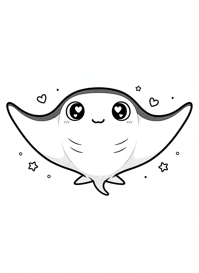 Splash the Manta Ray in Kawaii Cute - Black & White Illustration