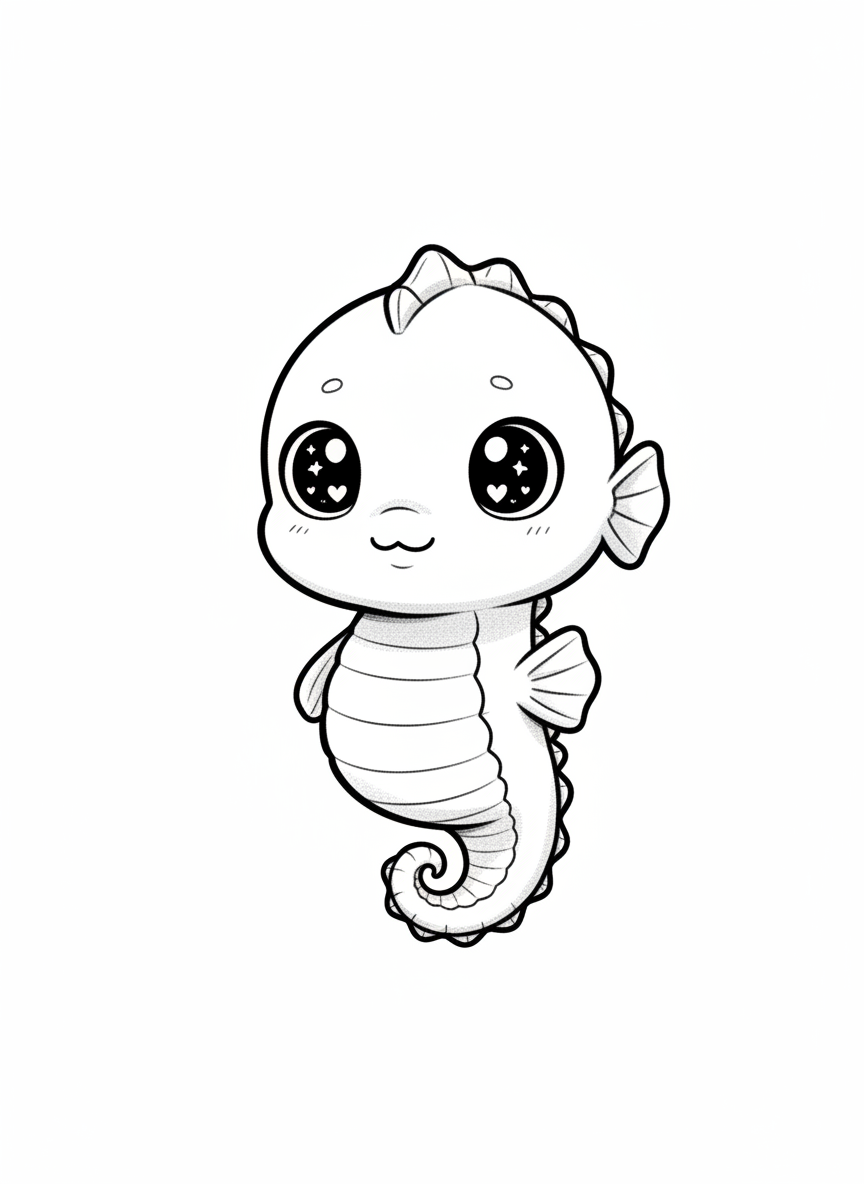 Squirt the Baby Seahorse - Black & White Illustration