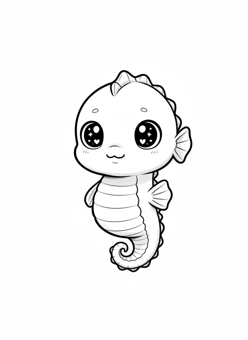 Squirt the Baby Seahorse in Kawaii Cute - Black & White Illustration
