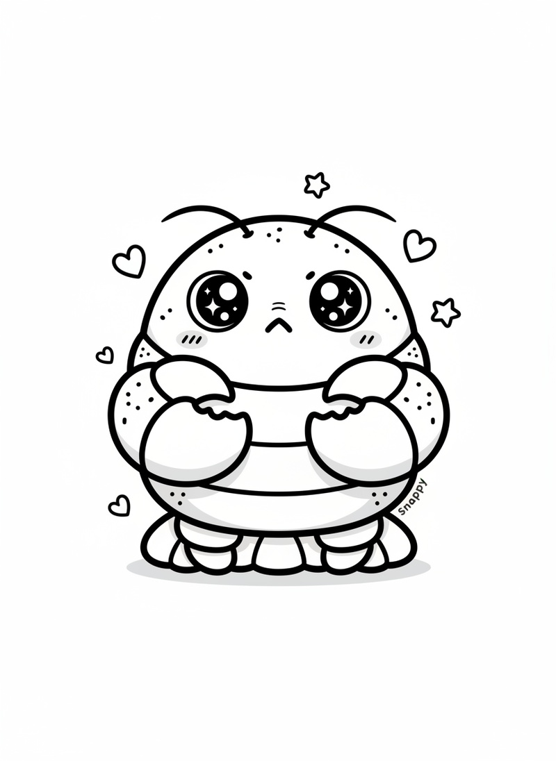 Snappy the Lobster in Kawaii Cute - Black & White Illustration