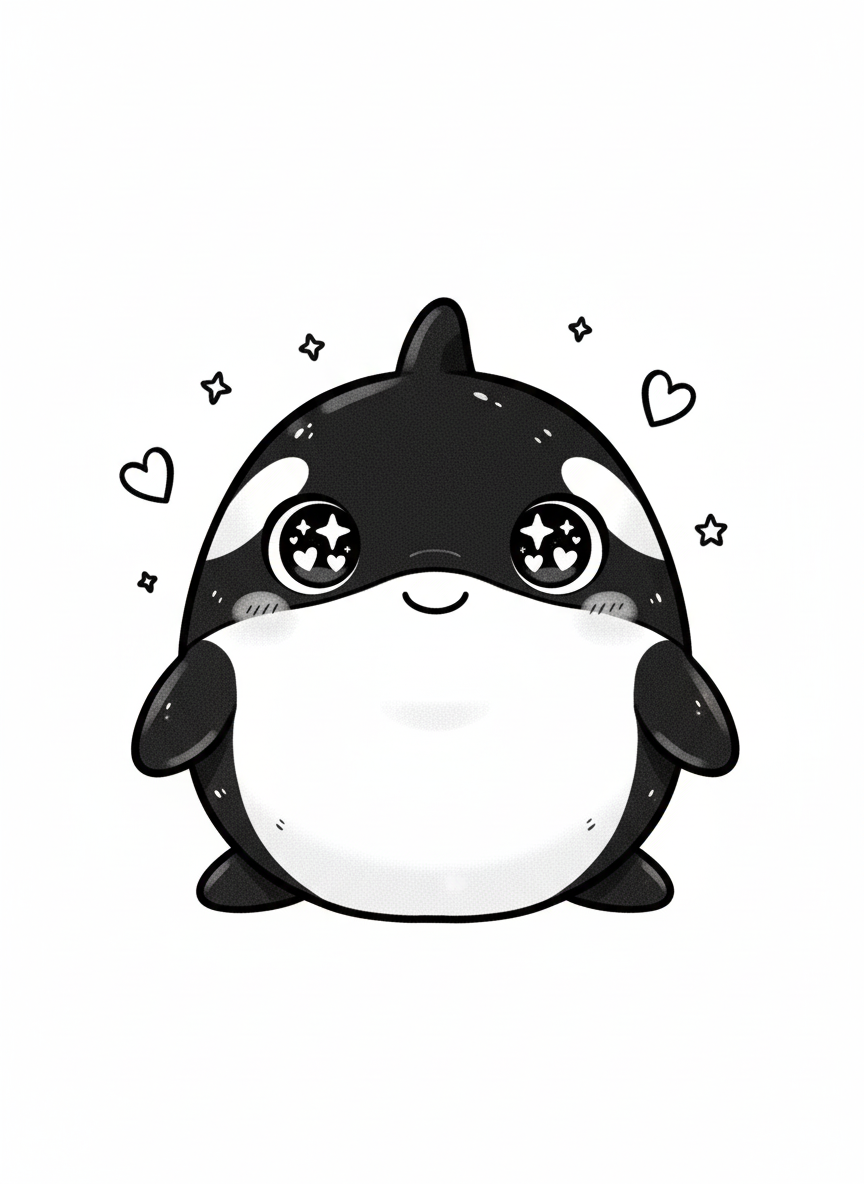 Pearl the Friendly Orca - Black & White Illustration
