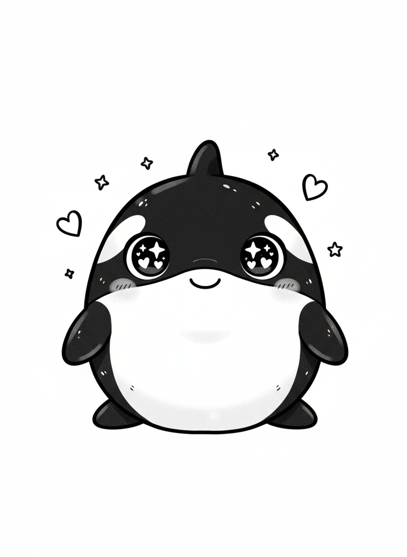Pearl the Friendly Orca in Kawaii Cute - Black & White Illustration