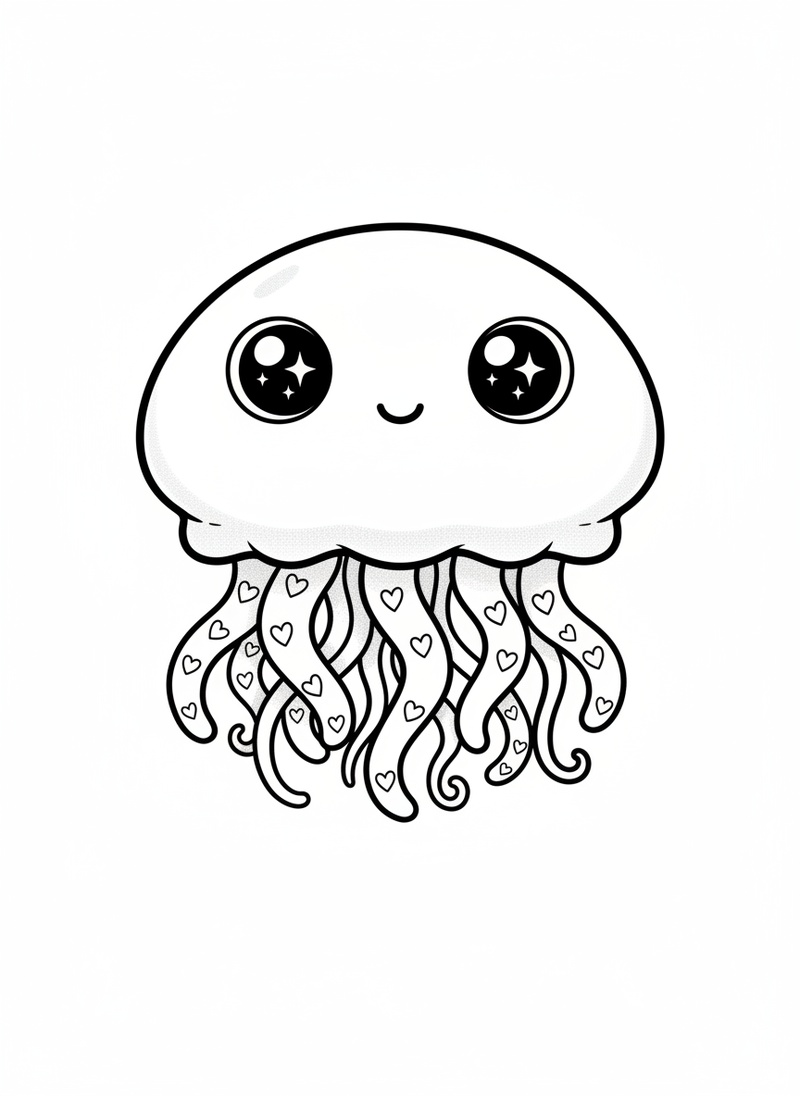Stinger the Jellyfish in Kawaii Cute - Black & White Illustration
