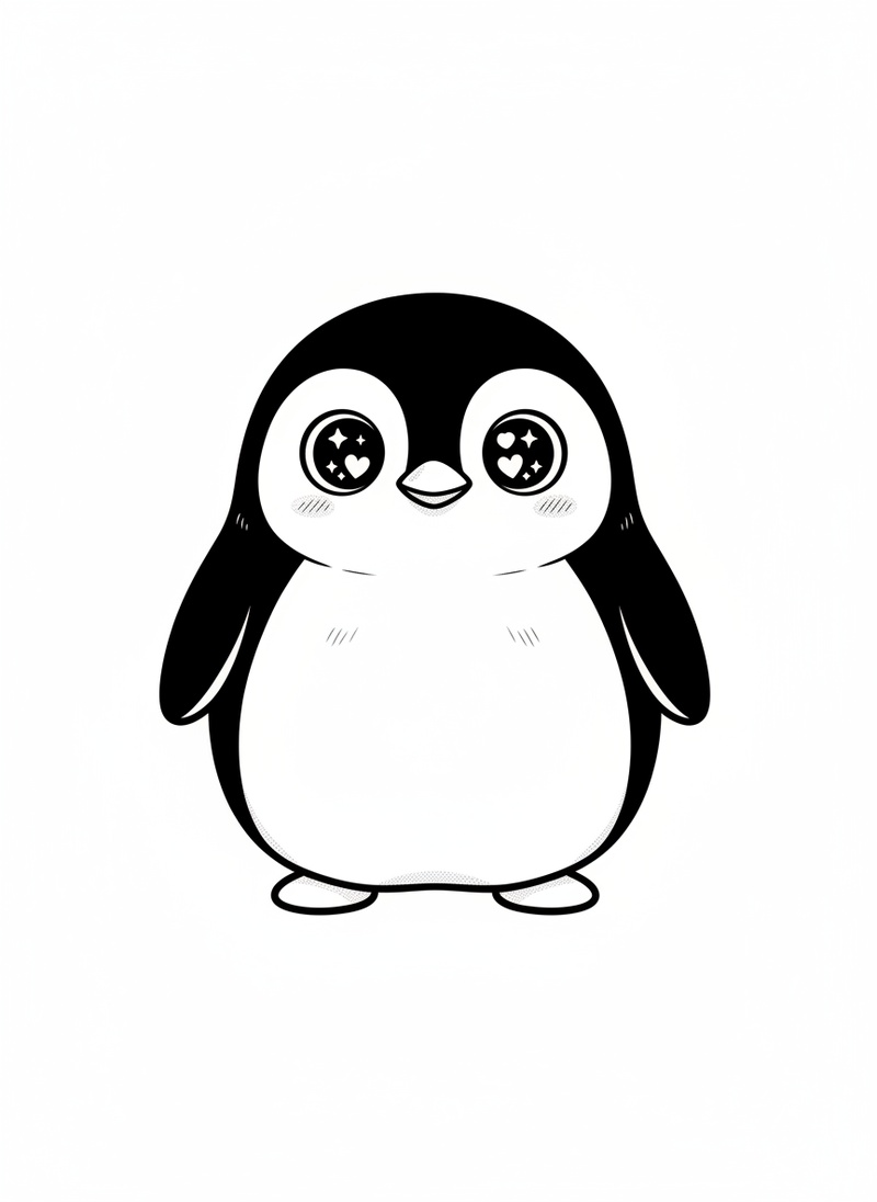 Waddles the Emperor Penguin in Kawaii Cute - Black & White Illustration