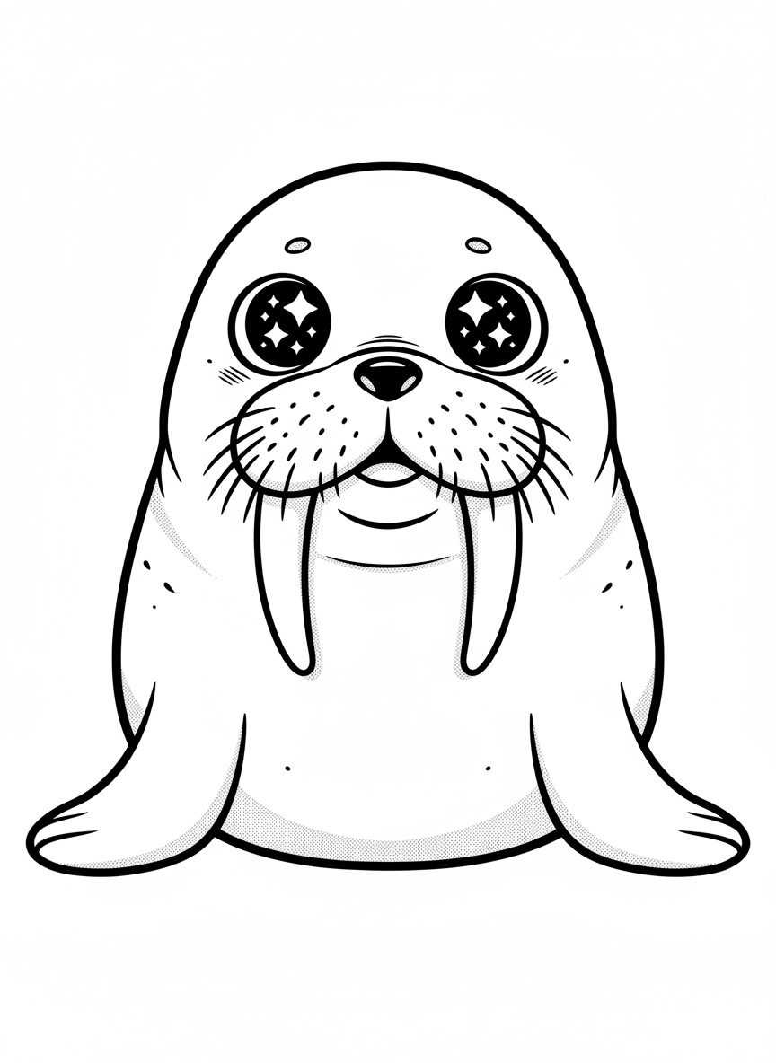 Whiskers the Walrus - Black & White Illustration