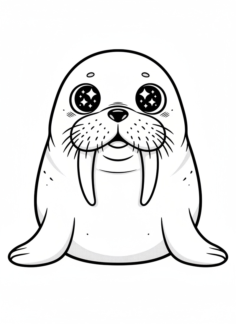 Whiskers the Walrus in Kawaii Cute - Black & White Illustration