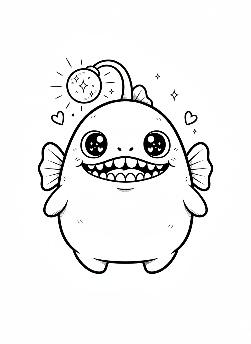 Glimmer the Anglerfish - Black & White Illustration
