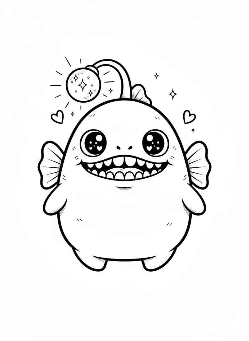 Glimmer the Anglerfish in Kawaii Cute - Black & White Illustration