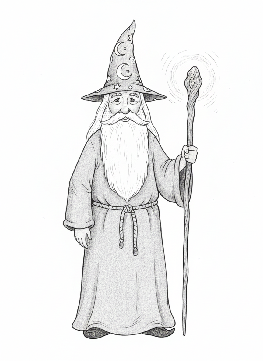 Merlin the Wise Wizard - Black & White Illustration
