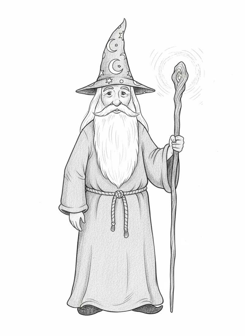Merlin the Wise Wizard in Gentle Pencil - Black & White Illustration