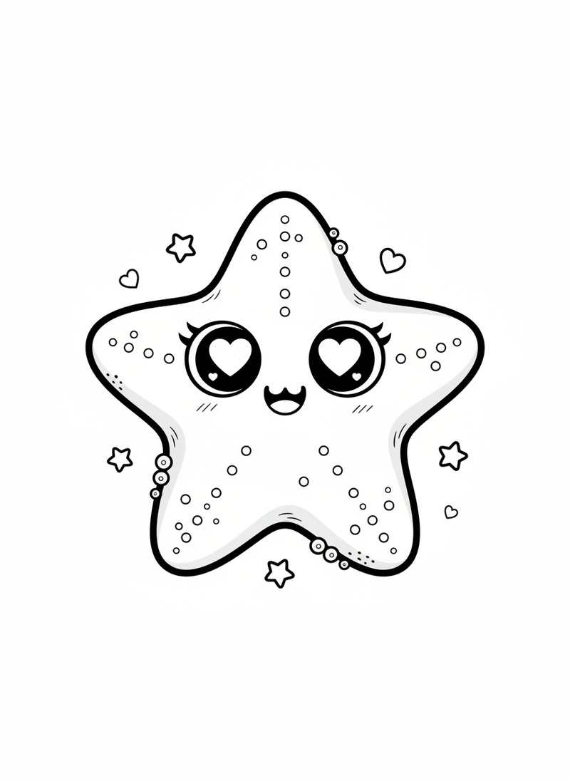 Coral the Starfish in Kawaii Cute - Black & White Illustration