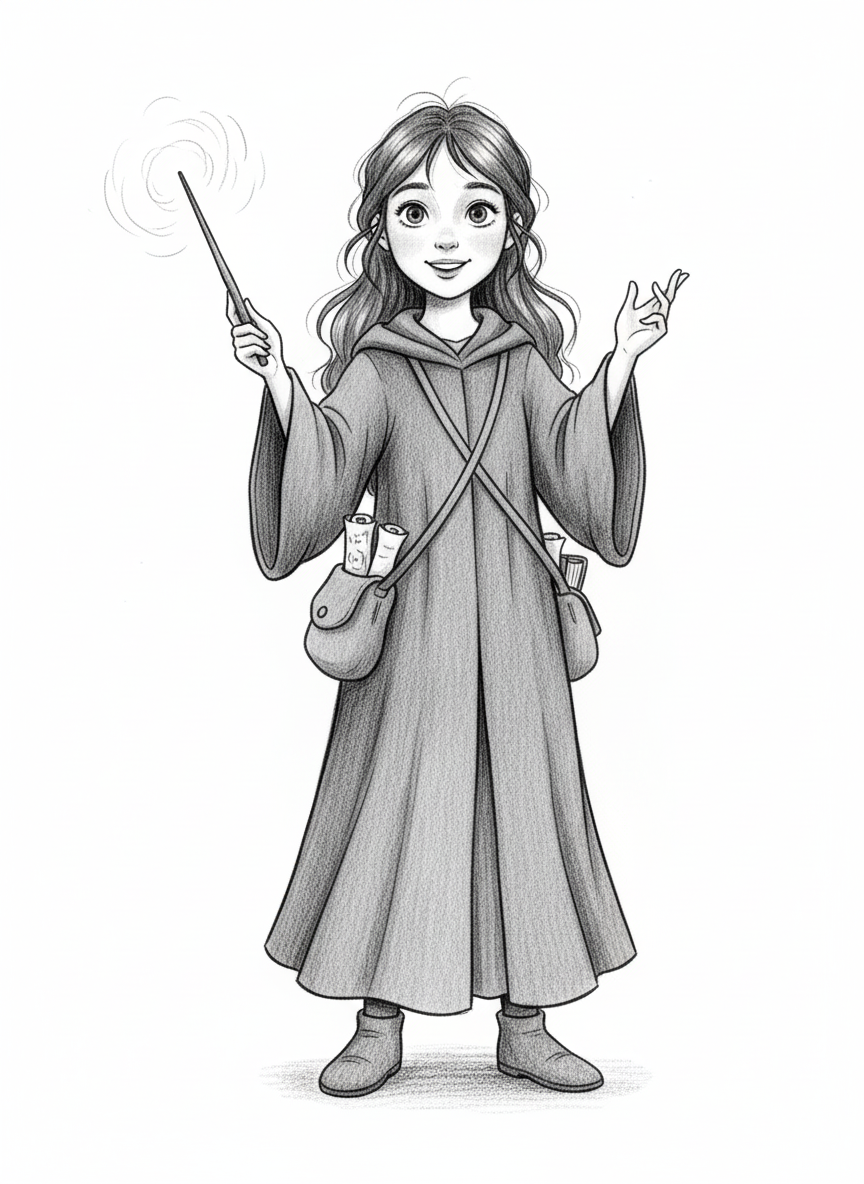 Zara the Young Sorceress - Black & White Illustration