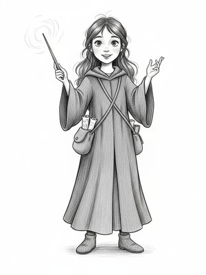 Zara the Young Sorceress in Gentle Pencil - Black & White Illustration