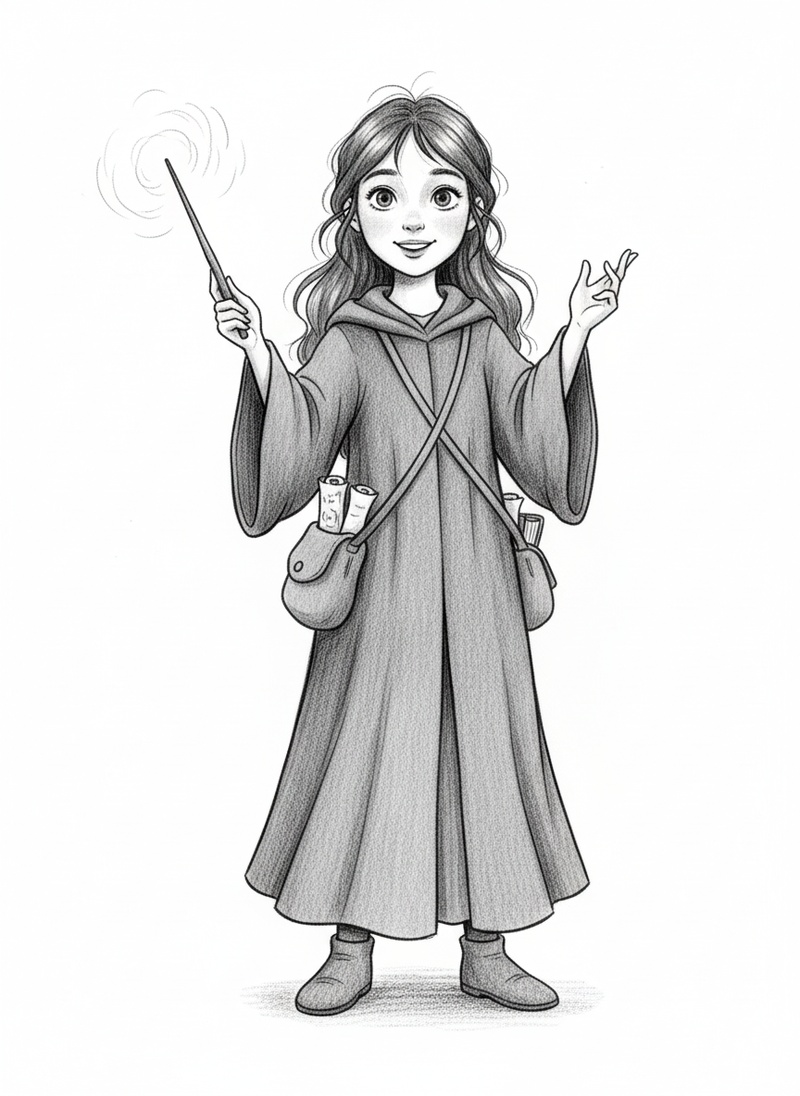 Zara the Young Sorceress in Gentle Pencil - Black & White Illustration