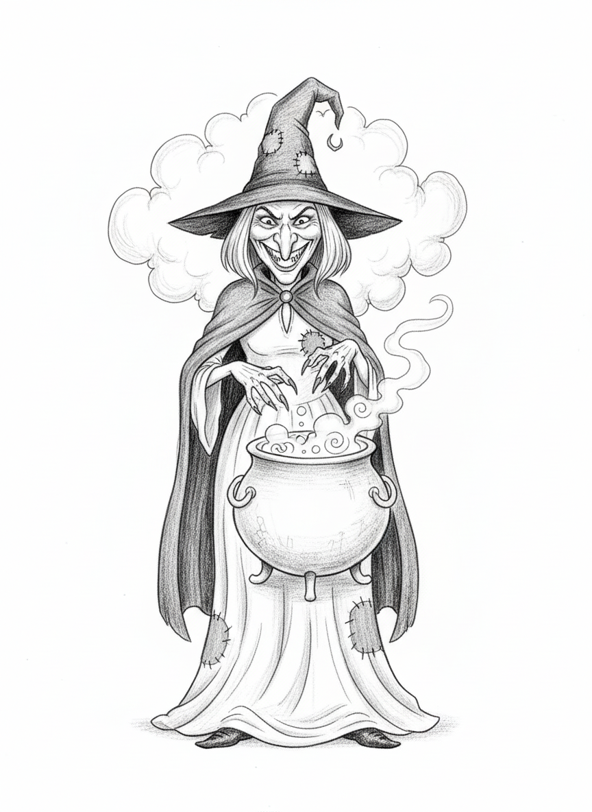 Morgana the Dark Witch - Black & White Illustration