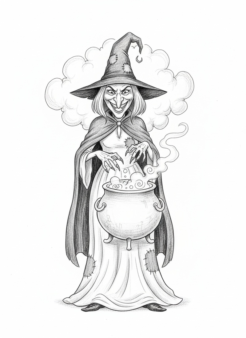 Morgana the Dark Witch in Gentle Pencil - Black & White Illustration