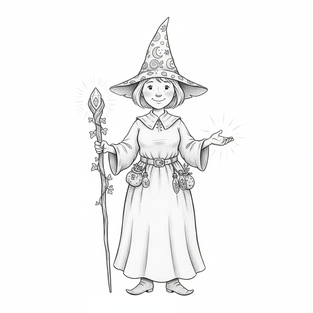 Hazel the Helpful Witch - Black & White Illustration