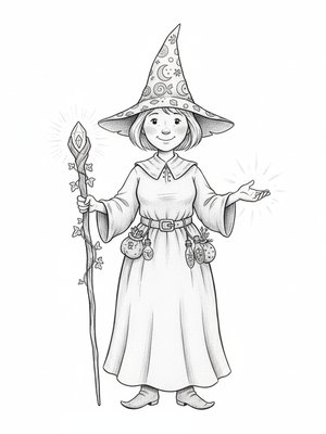 Hazel the Helpful Witch in Gentle Pencil - Black & White Illustration