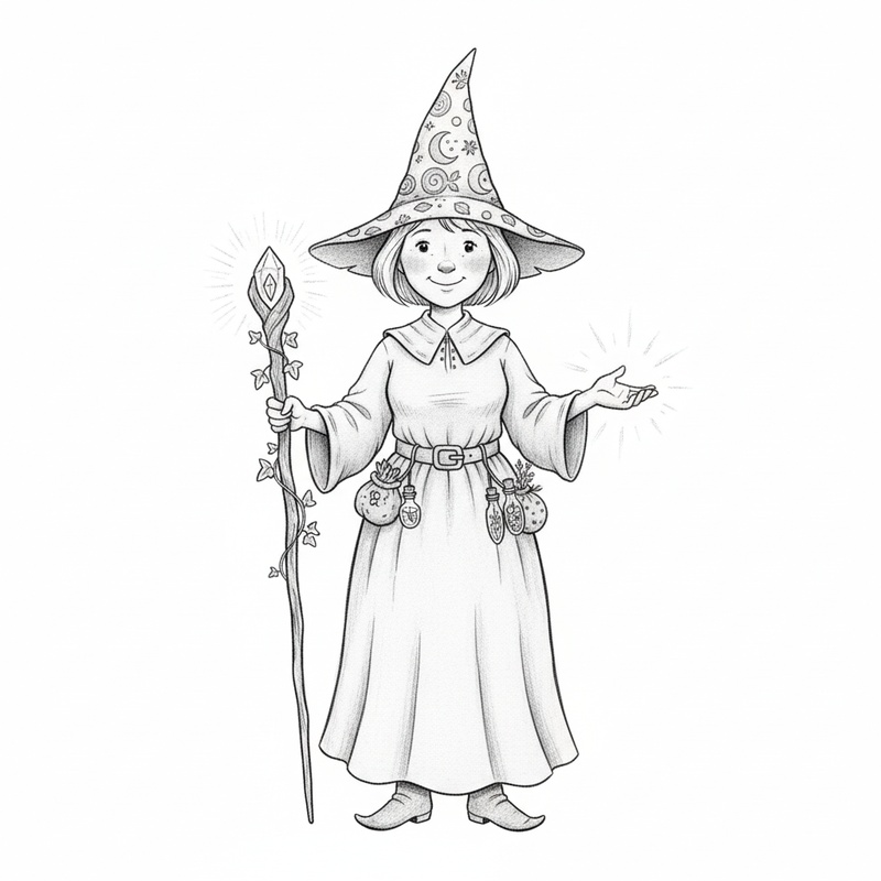 Hazel the Helpful Witch in Gentle Pencil - Black & White Illustration