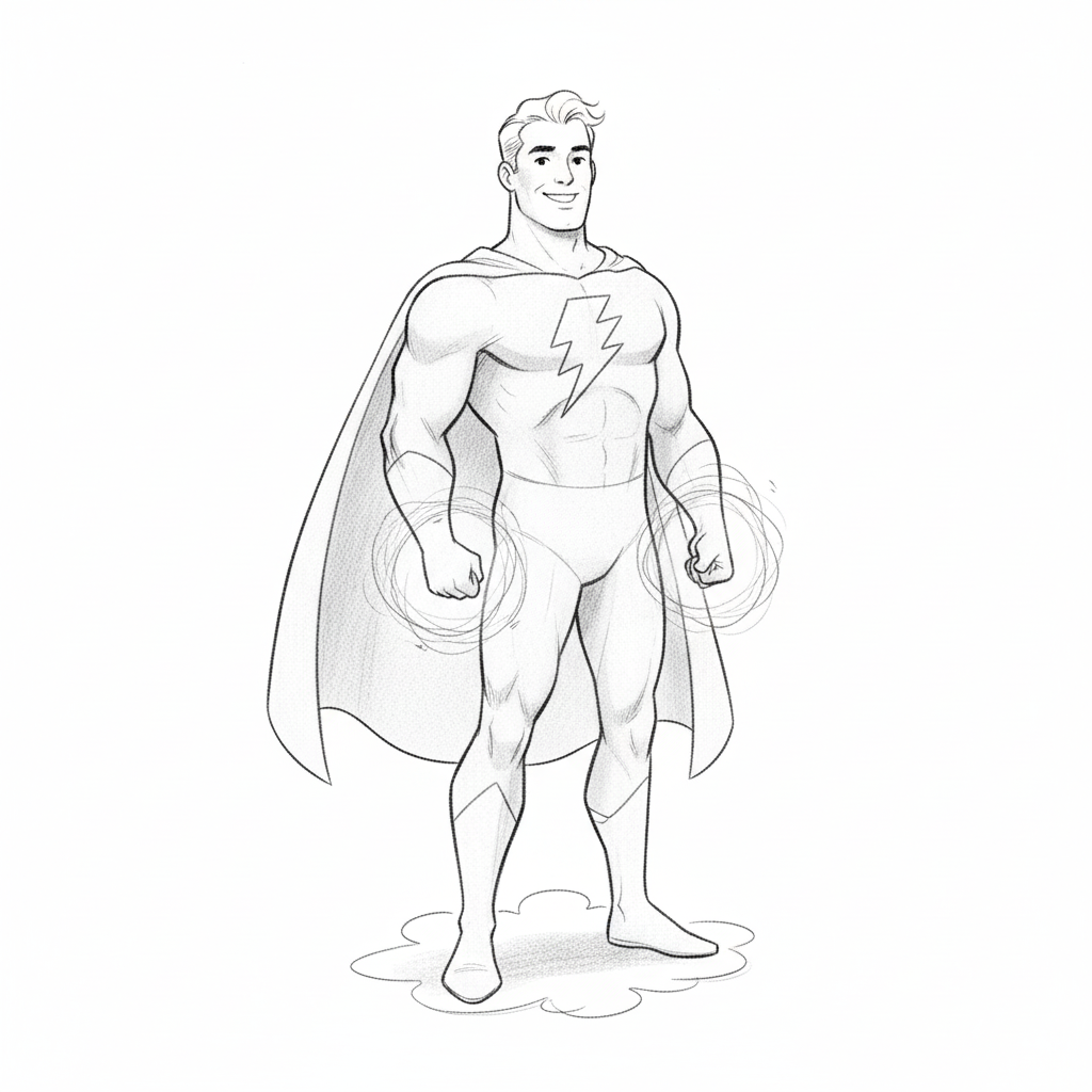 Captain Thunder the Superhero - Black & White Illustration