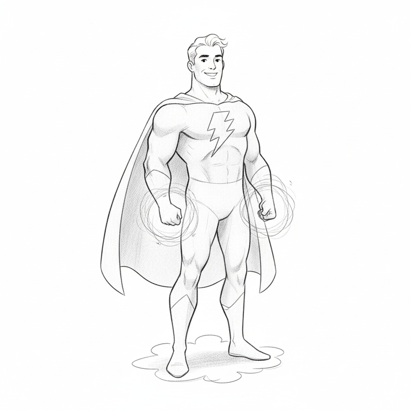 Captain Thunder the Superhero in Gentle Pencil - Black & White Illustration