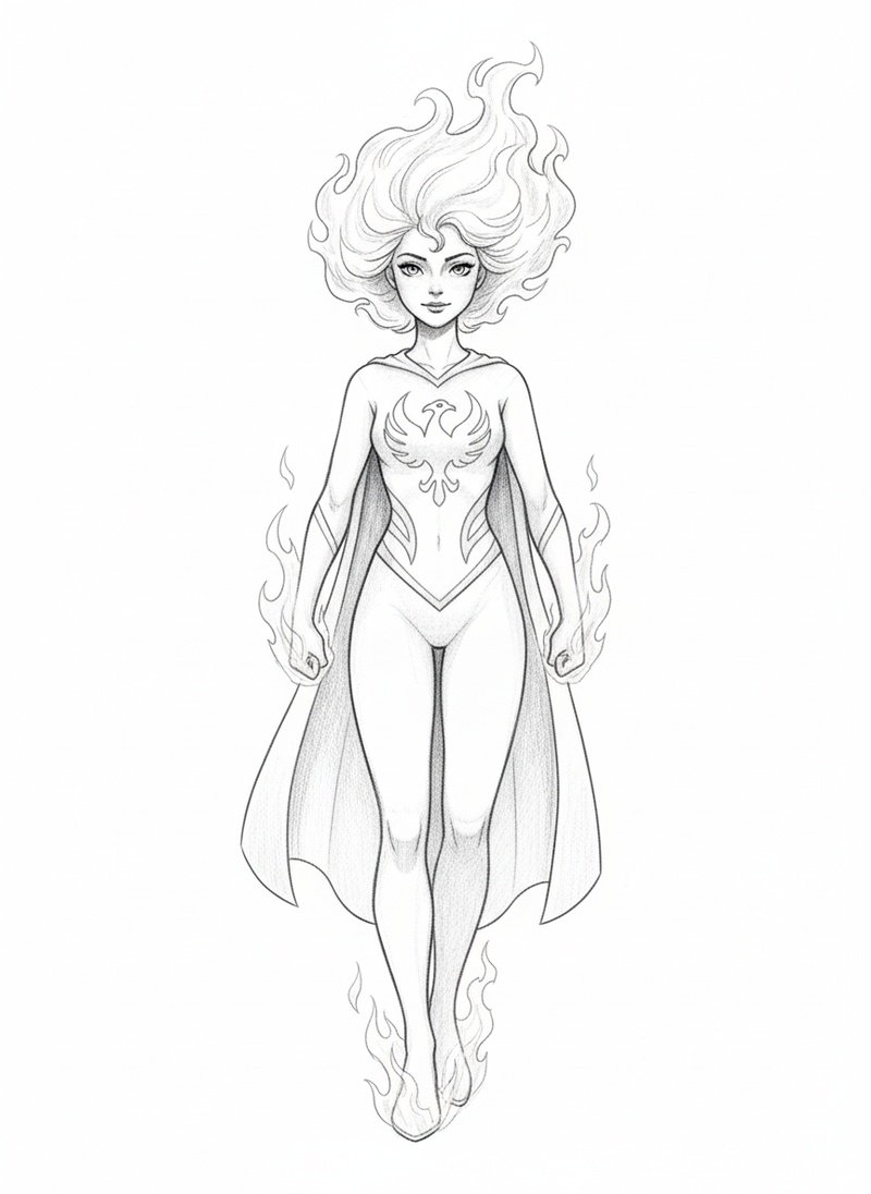 Phoenix Girl the Fire Hero in Gentle Pencil - Black & White Illustration