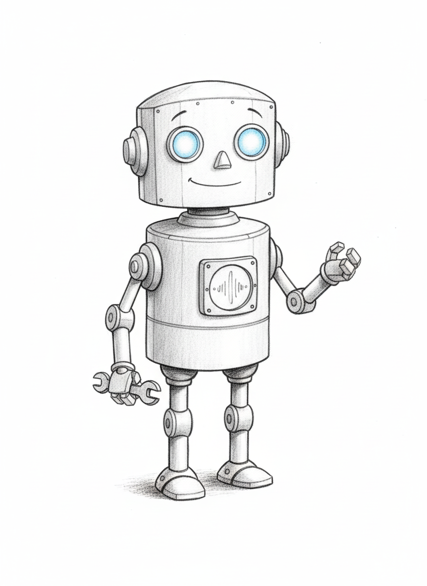 Bolt the Robot Helper - Black & White Illustration