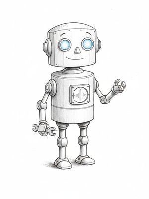 Bolt the Robot Helper in Gentle Pencil - Black & White Illustration