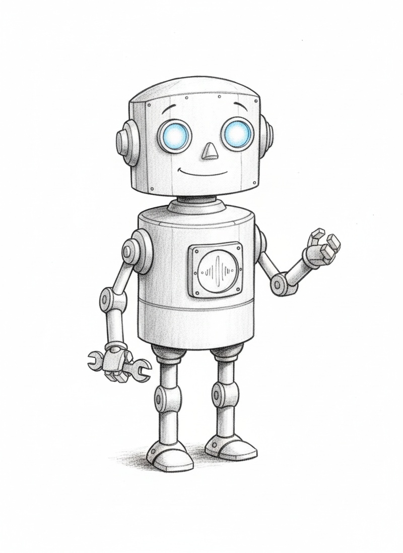 Bolt the Robot Helper in Gentle Pencil - Black & White Illustration