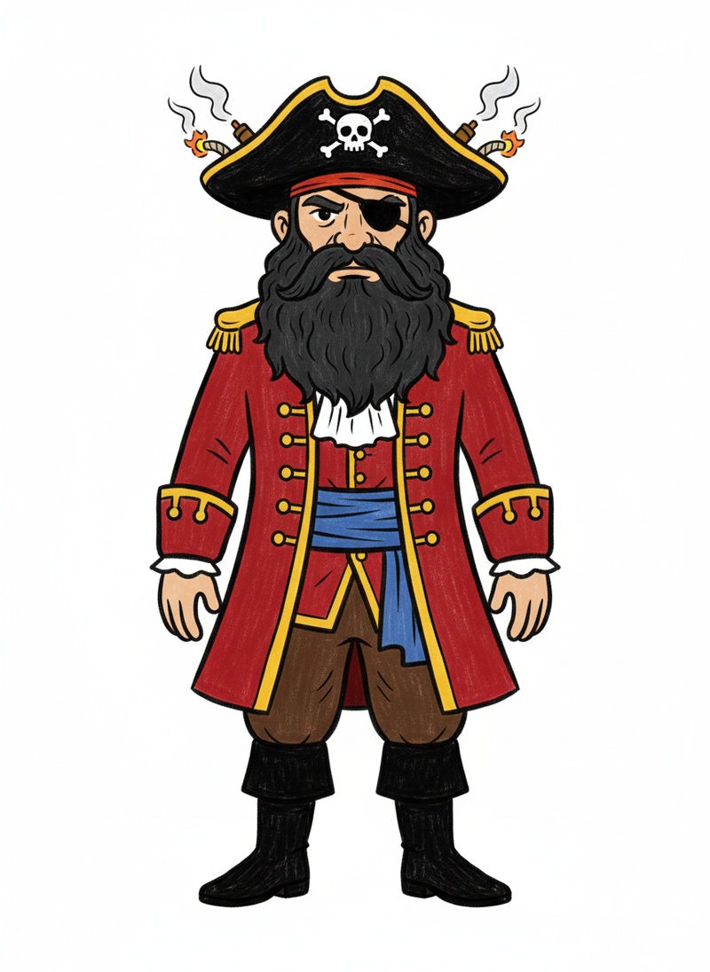 Blackbeard the Villain Pirate in Classic Coloring Book - Full Colored Illustration
