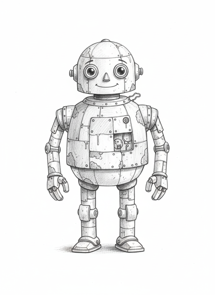 Rust the Old Robot - Black & White Illustration
