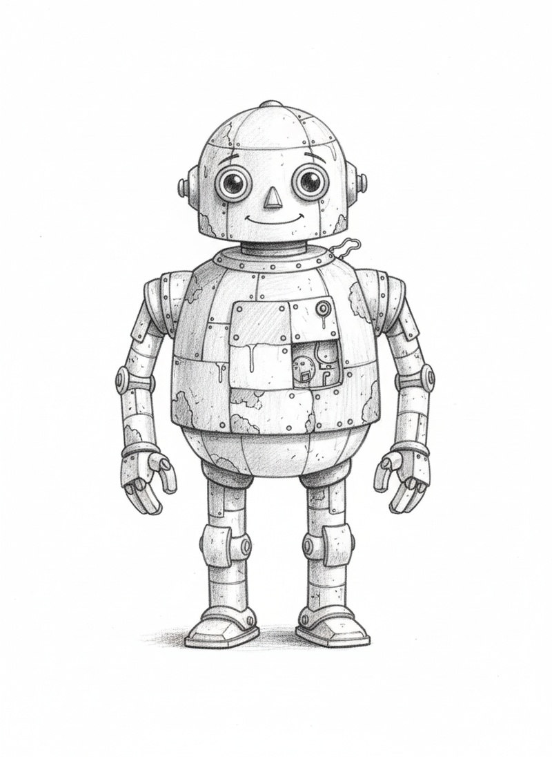 Rust the Old Robot in Gentle Pencil - Black & White Illustration