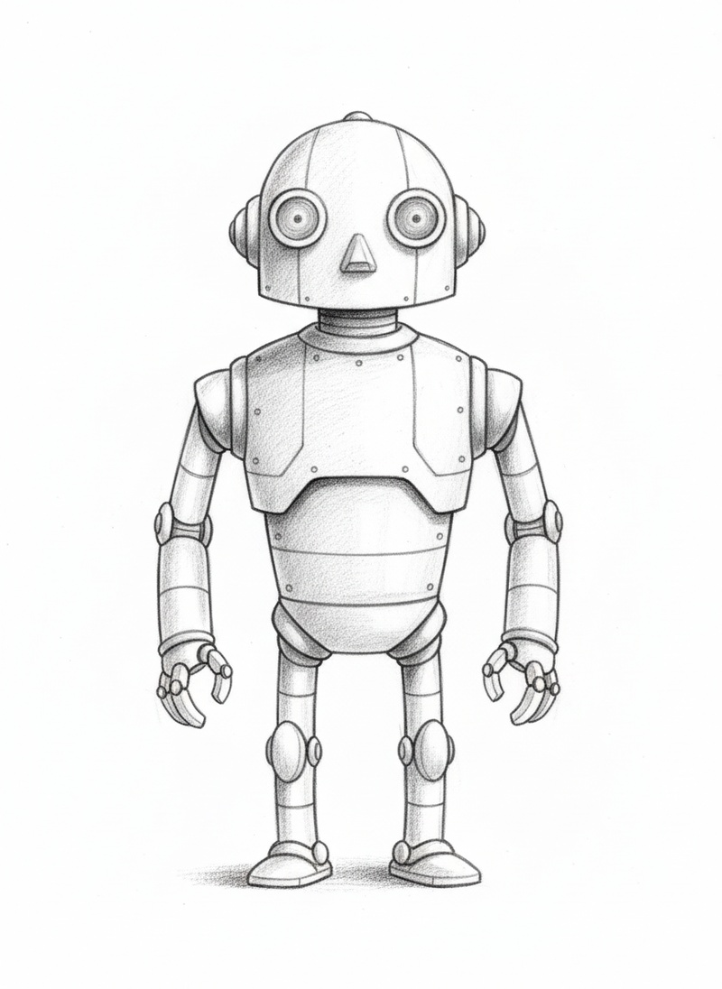 Cyber the Villain Robot in Gentle Pencil - Black & White Illustration